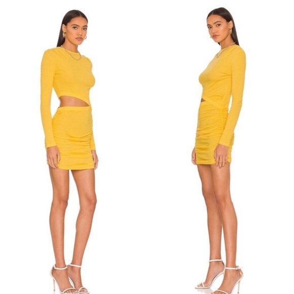 NWT Monrow Bright Yellow Ribbed Longsleeve Cutout Mini Dress - Picture 2 of 5